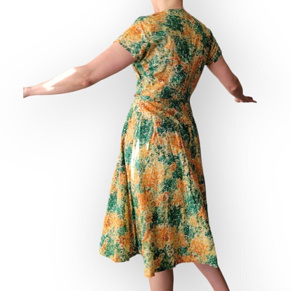 Vintage 1960s 1970s Floral Dress Green Orange Yellow Mad Men S/M Retro Outfit - Picture 12 of 15